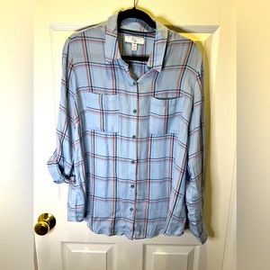 WOMENS MB LABEL BLOUSE MADE BY TRIBAL. BLUE PLAID  WITH CUFF TIES AND A FUN BACK